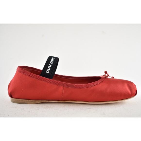 Miu Miu Satin Rosso Red Black White Logo Strap Bow Ballet Ballerina Flats 39 - Picture 2 of 16